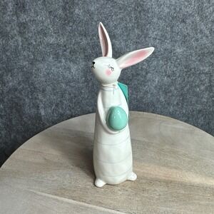 Martha Stewart Home Ceramic Easter Bunny Rabbit Blue Stripe Holding Egg Figurine